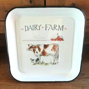 Farmhouse Enamel Ware Serving Tray Cow Rooster Red Barn Dairy Farm NEW